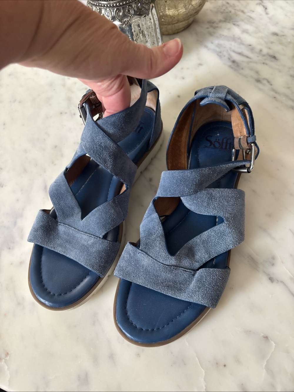 Sofft Blue Suede Crisscross Comfort Sandals